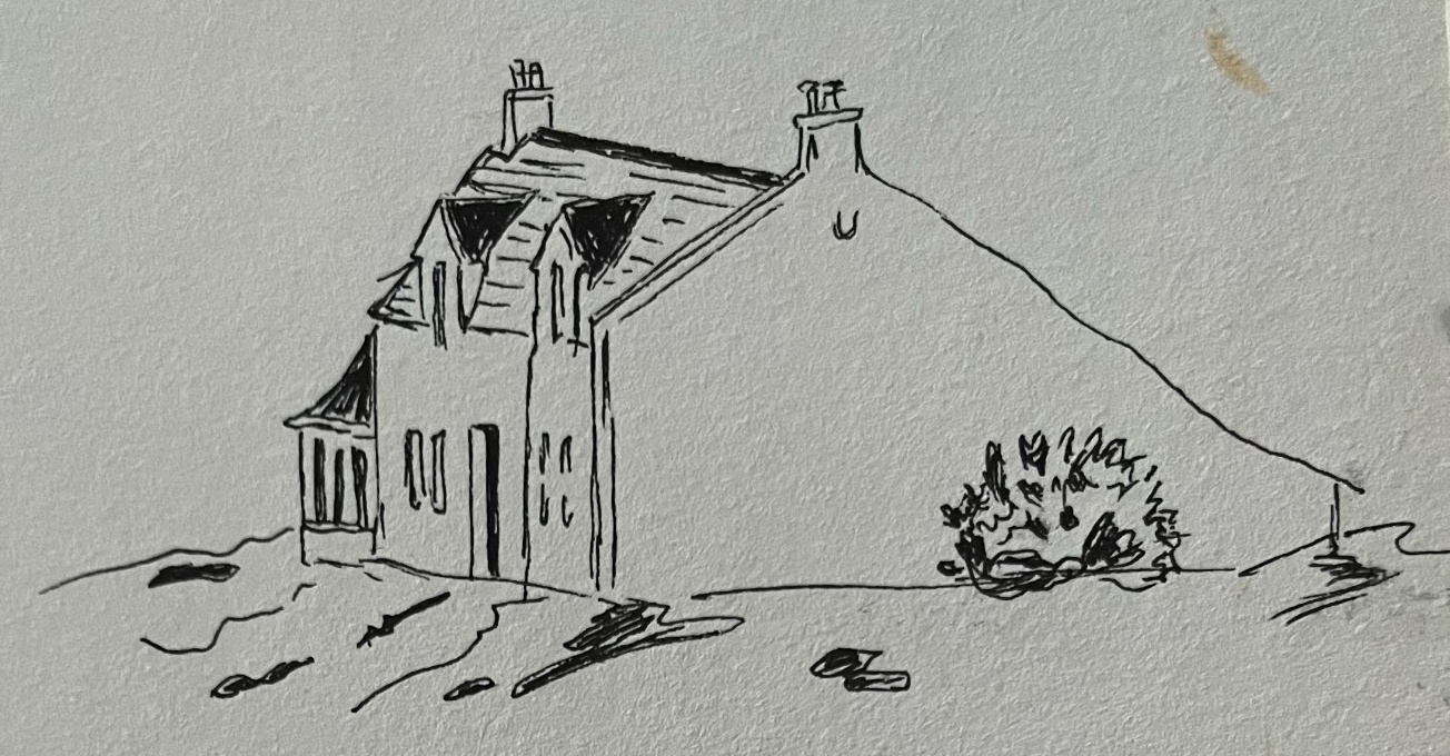 Fine-line architectural ink drawing showing the detailed facade and textures of a traditional house.